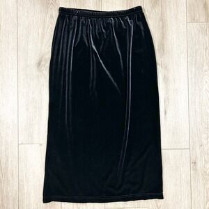 Y2K Kim Rogers‎ Black Velvet Midi Skirt Side Slit Petite Large LP Elastic